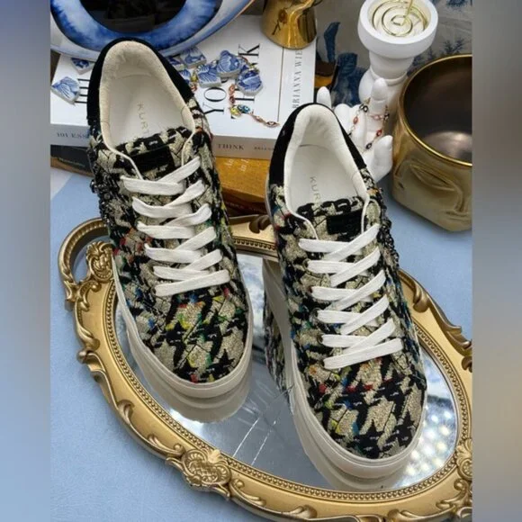 🆕 KURT GEIGER LONDON 🧿 NWOB Laney Eye Gold Rainbow Tweed Sneaker, Sz 37 US 7 - Picture 5 of 14